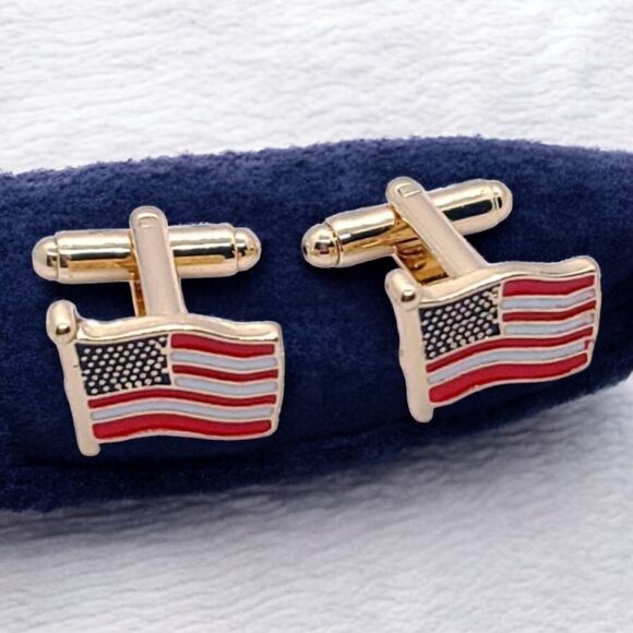 Men's Gold American Flag Cufflinks Patriotic USA Formal Prom Tux Tuxedo America - Picture 2 of 5